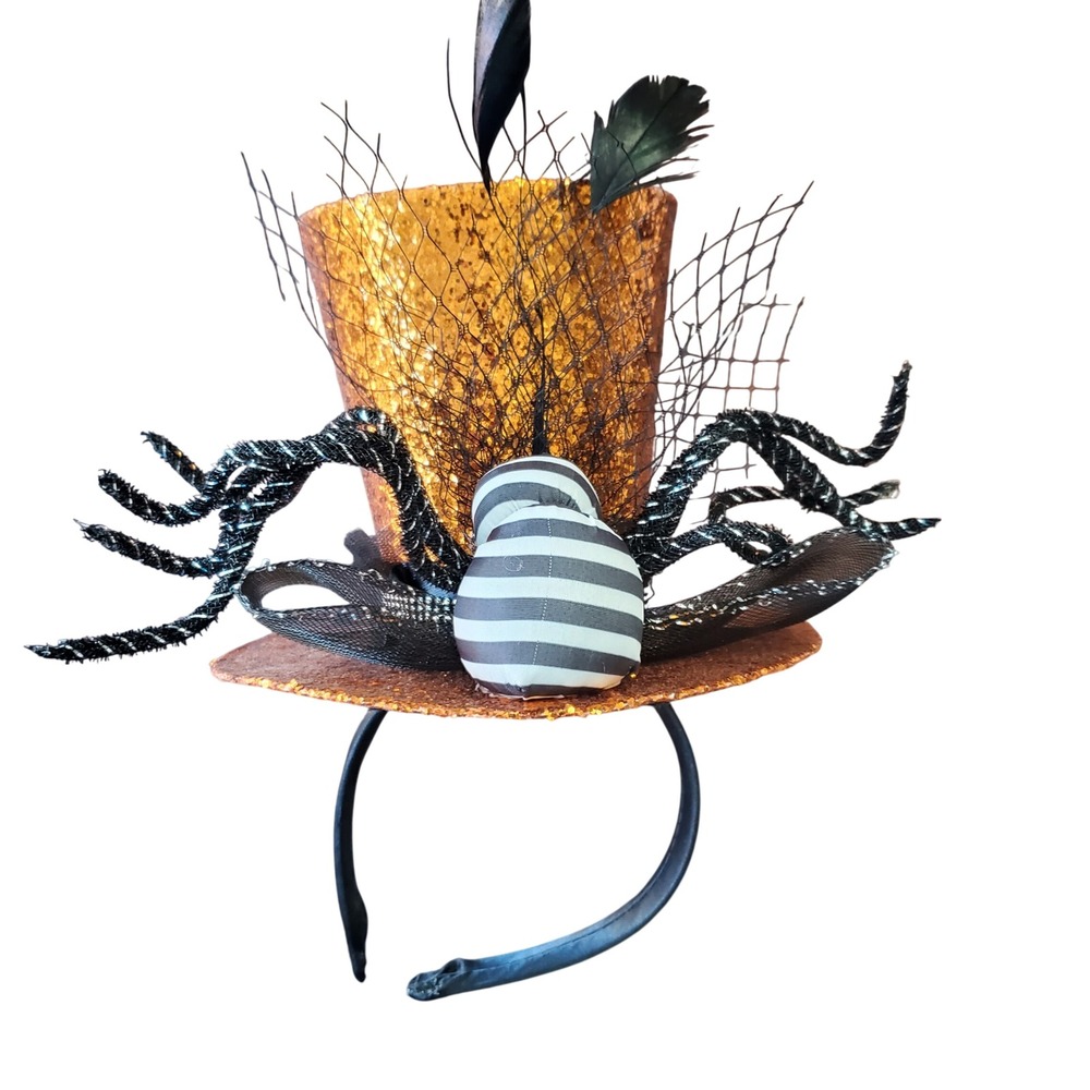 Halloween Mini Top Hat Headband Orange Glitter Spider Feathers Costume Accessory